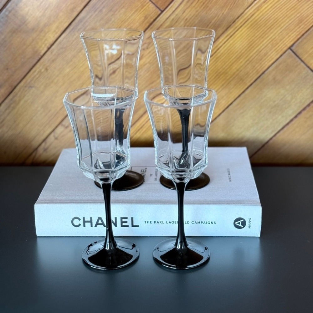 Luminarc France Octime Black Stem Wine Glasses Set of 4 Post Modern Barware